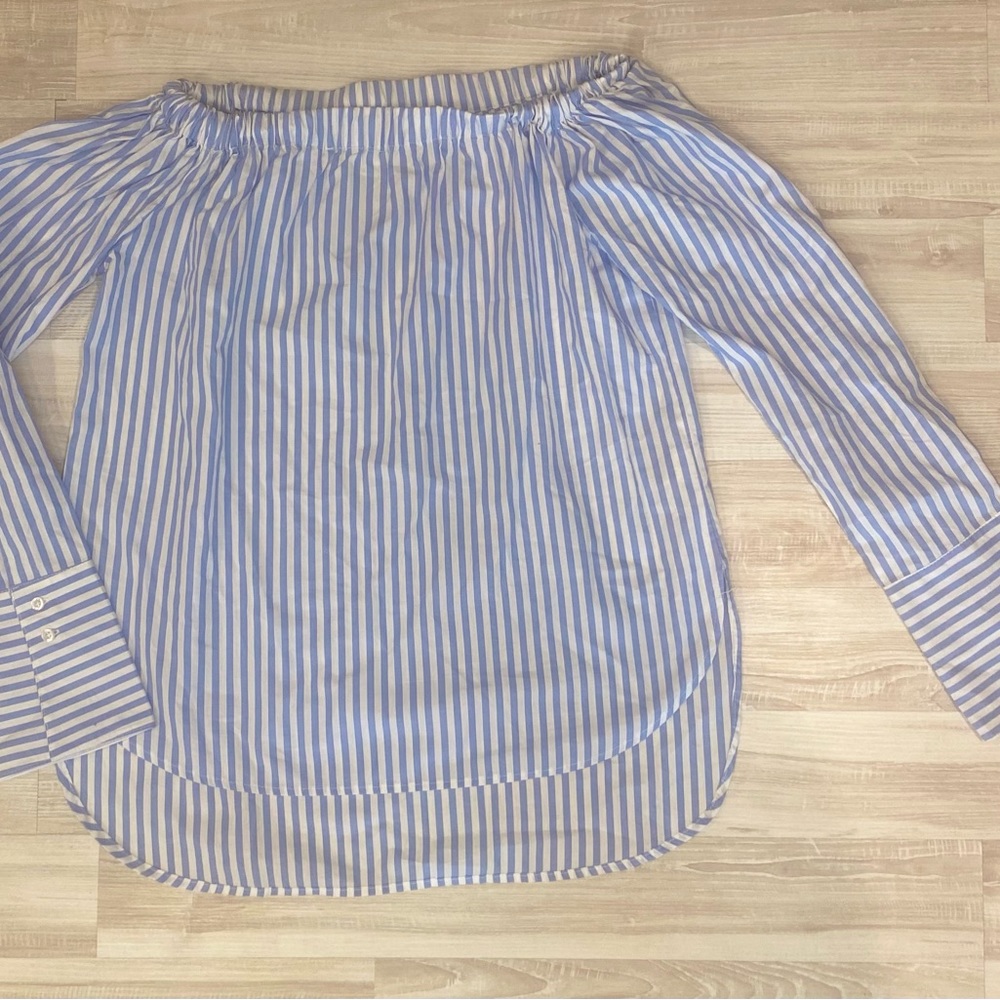 Blue and white off the shoulder cotton blouse